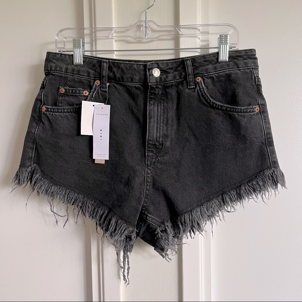 NWT Topshop Kiri High Waisted High Leg Dark Gray Denim Shorts